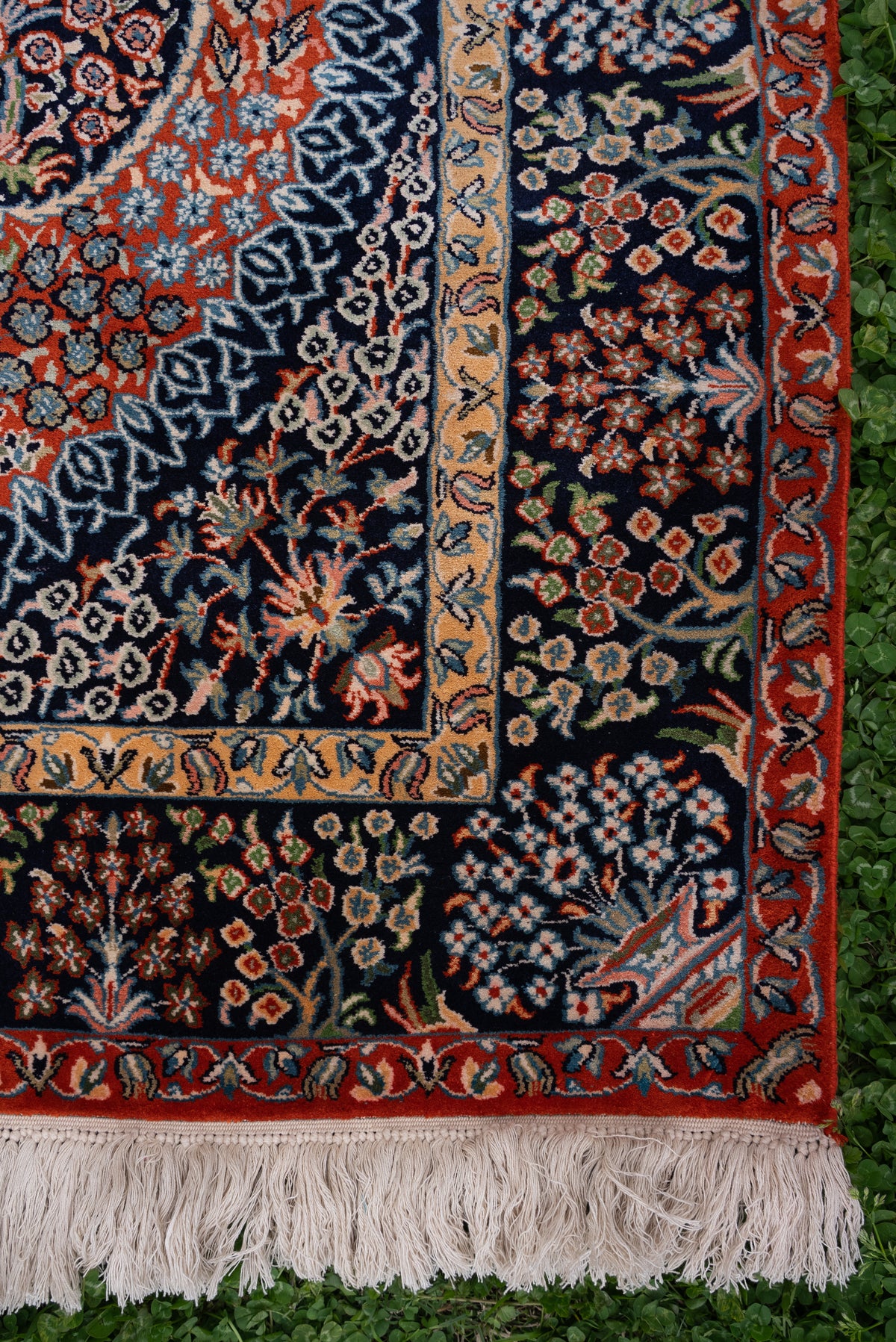 Lower corner of the dark silk carpet, showing red and ivory floral borders and pale fringe