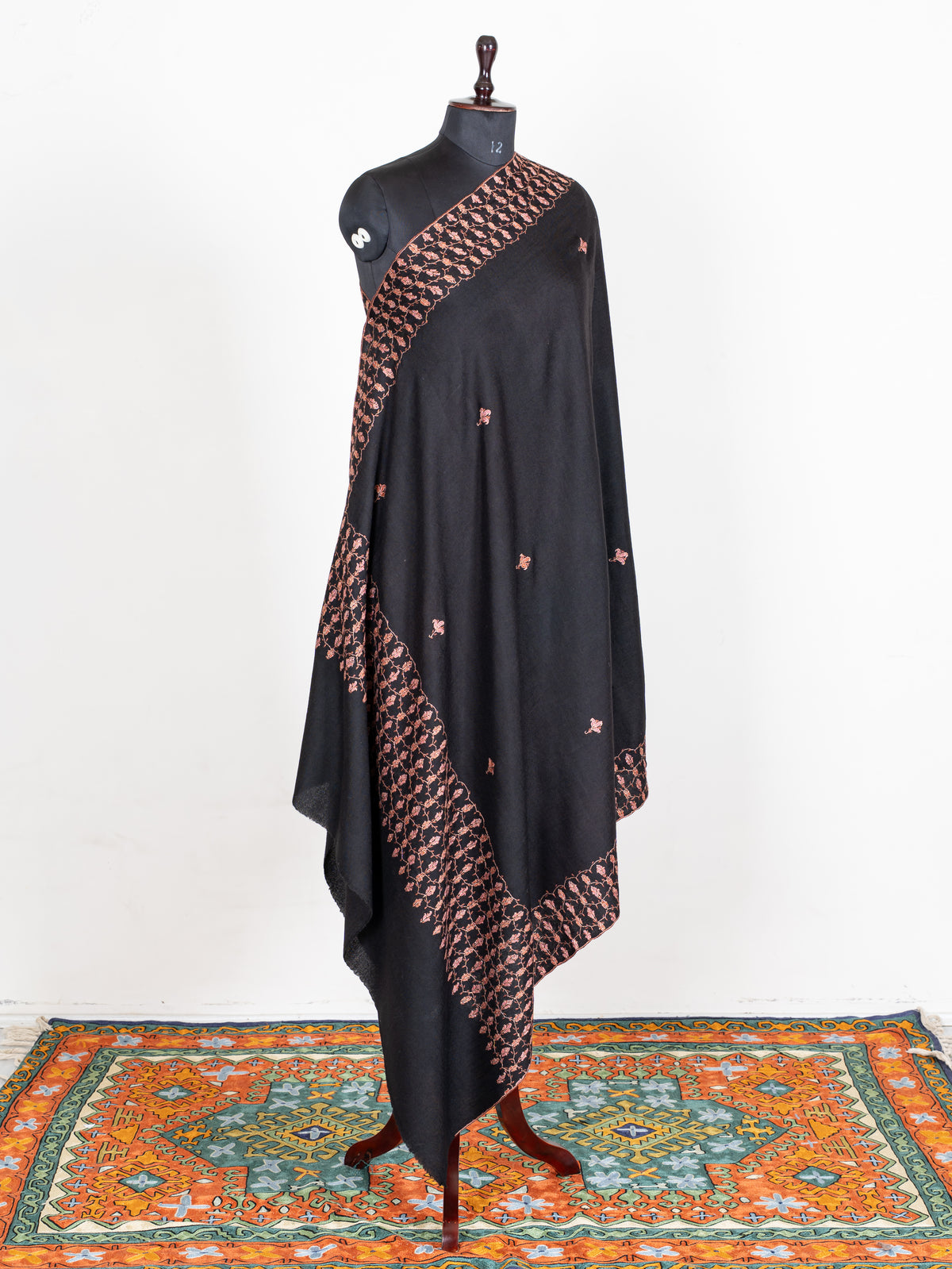 Midnight Rose Merino Wool Shawl with Copper Pink Sozni Hand Embroidered Floral Trellis