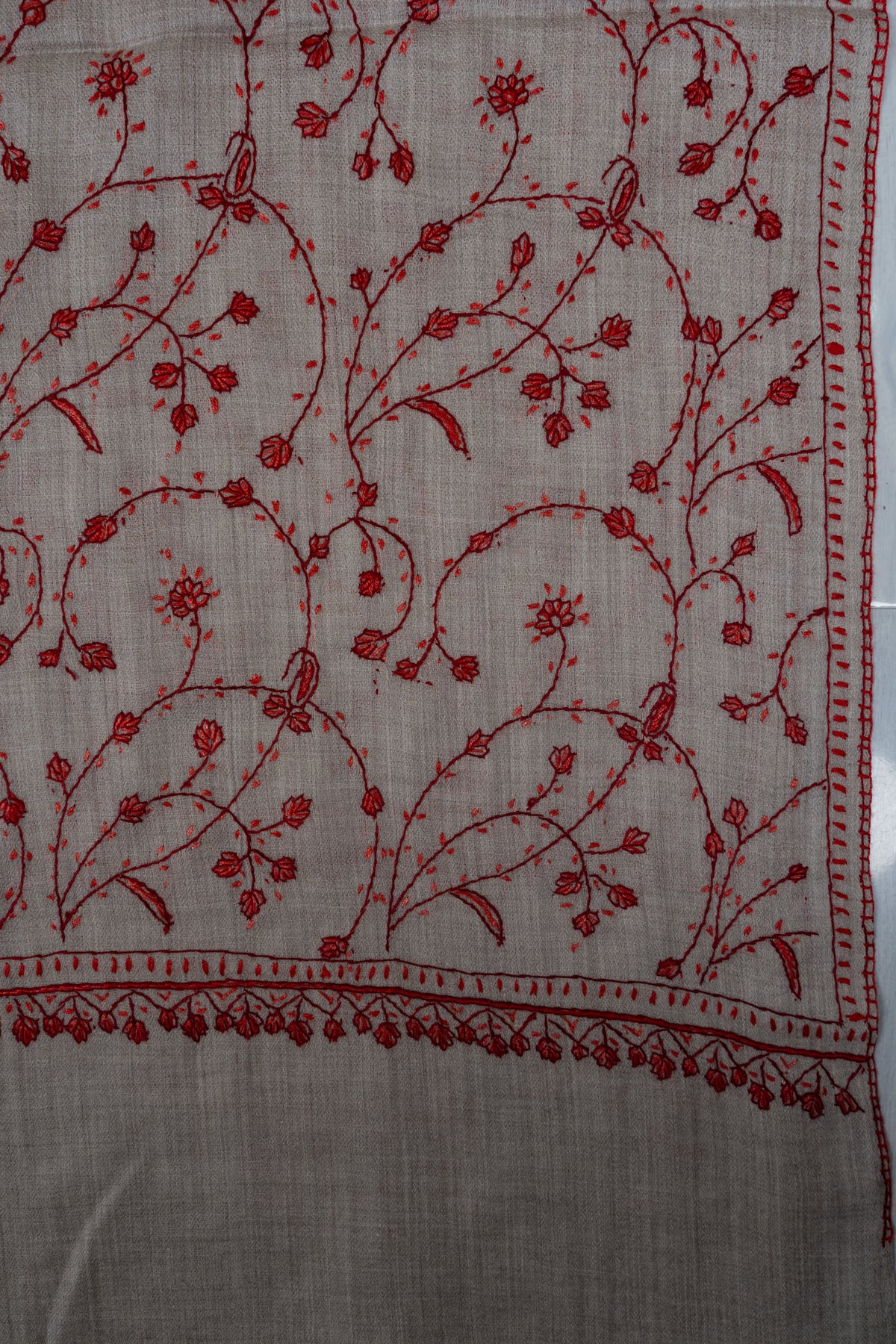 Crimson Frost Elegance: Merino wool 2.5 Yards Sozni Hand Embroidered Shawl