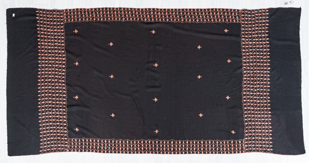 Midnight Rose Merino Wool Shawl with Copper Pink Sozni Hand Embroidered Floral Trellis