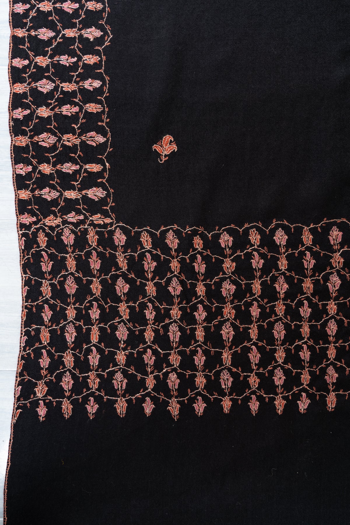 Midnight Rose Merino Wool Shawl with Copper Pink Sozni Hand Embroidered Floral Trellis