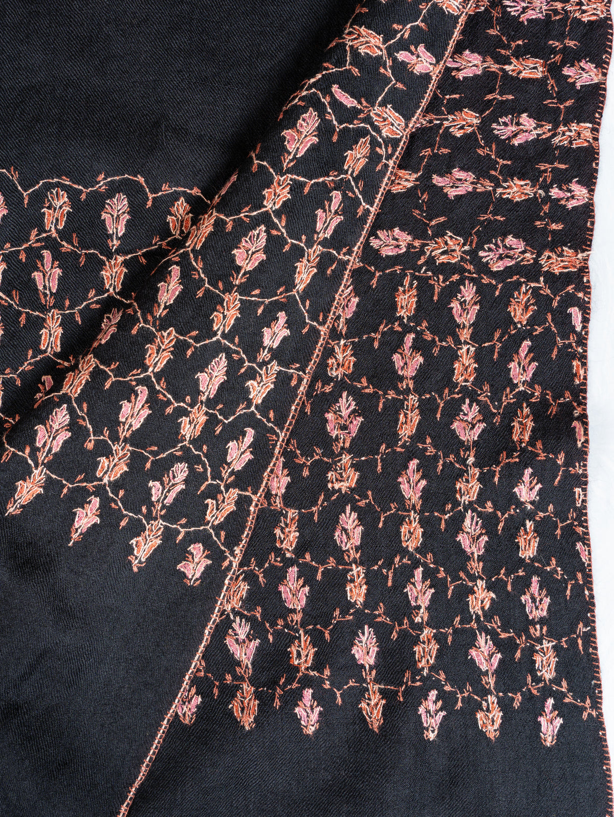 Midnight Rose Merino Wool Shawl with Copper Pink Sozni Hand Embroidered Floral Trellis