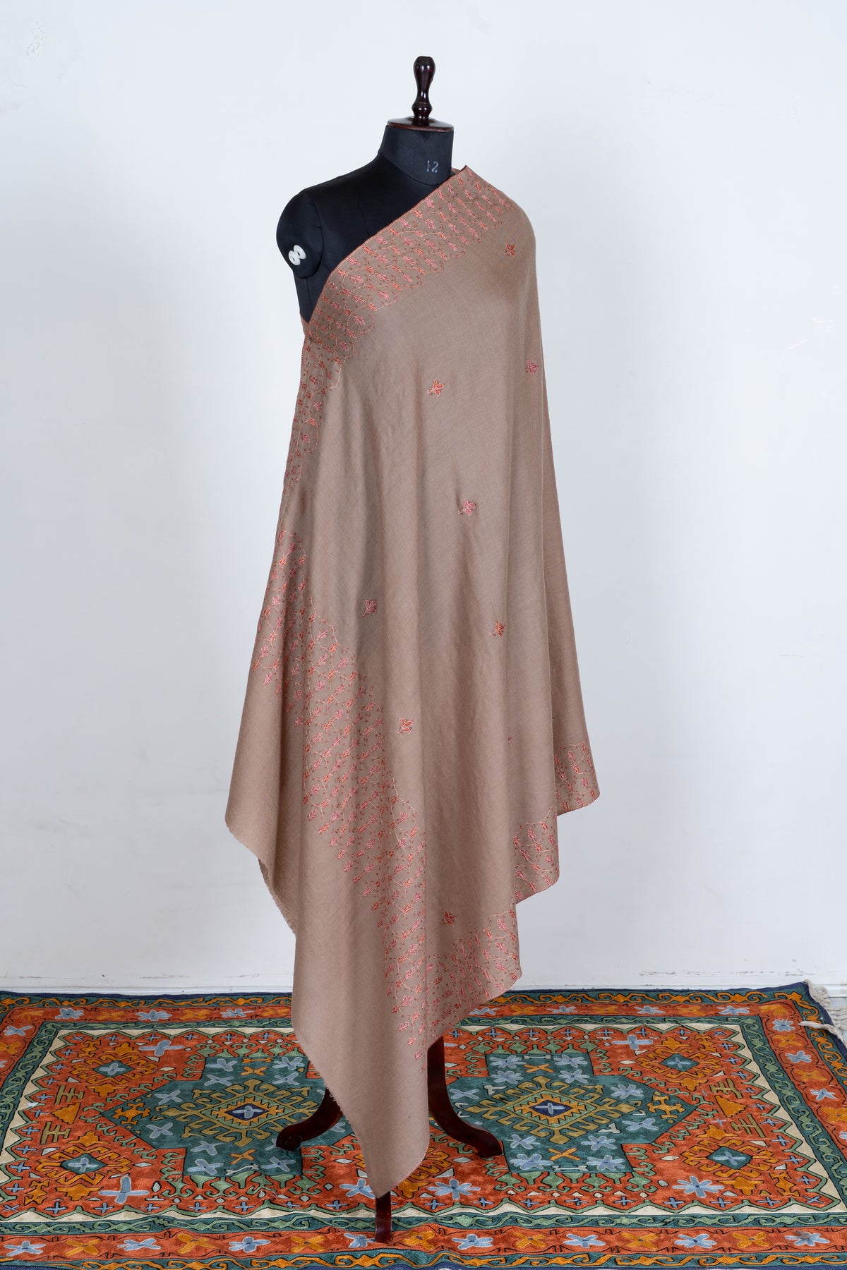 Rosewood Beige Merino Wool Shawl with Coral Sozni Hand Embroidered Floral Vines