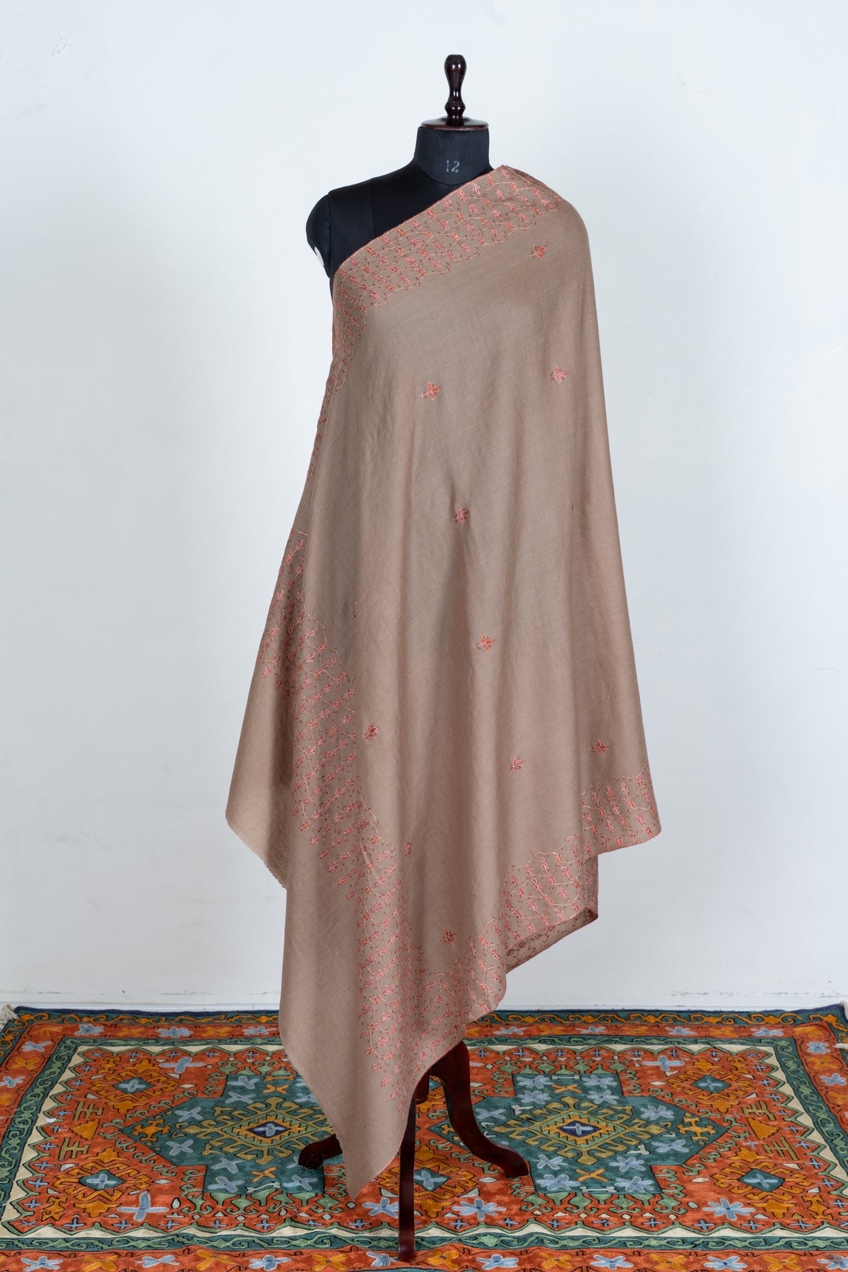 Rosewood Beige Merino Wool Shawl with Coral Sozni Hand Embroidered Floral Vines
