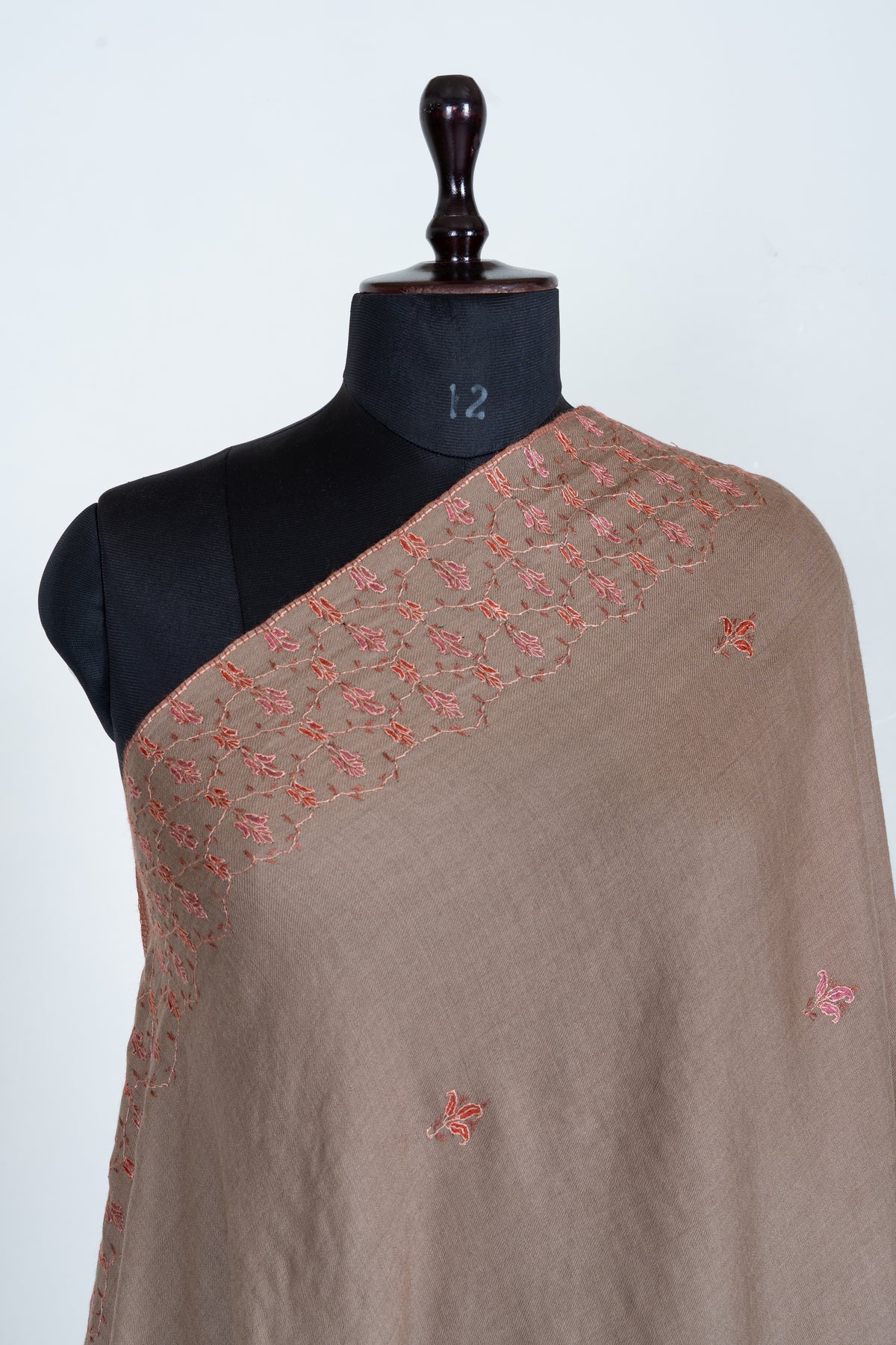 Rosewood Beige Merino Wool Shawl with Coral Sozni Hand Embroidered Floral Vines
