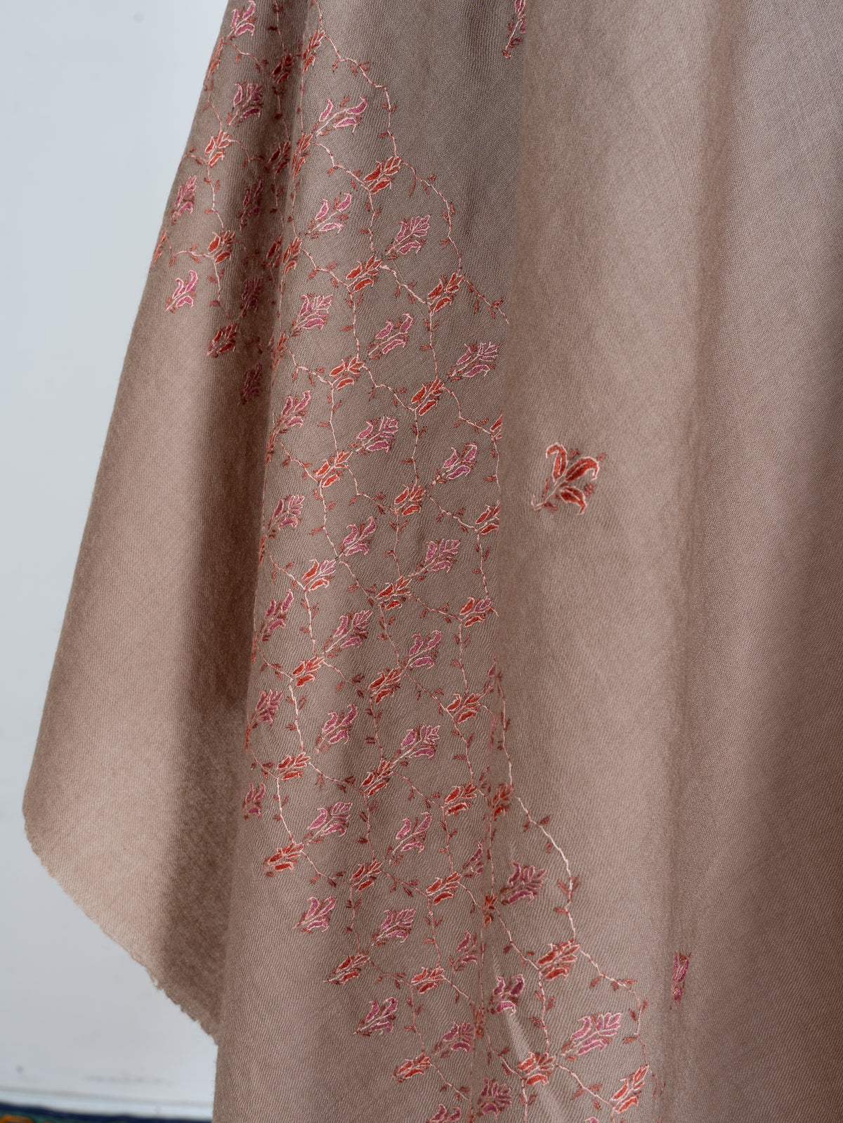 Rosewood Beige Merino Wool Shawl with Coral Sozni Hand Embroidered Floral Vines