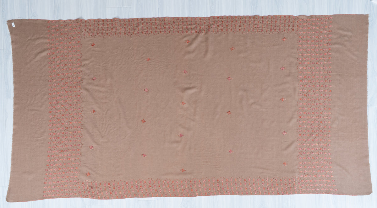 Rosewood Beige Merino Wool Shawl with Coral Sozni Hand Embroidered Floral Vines