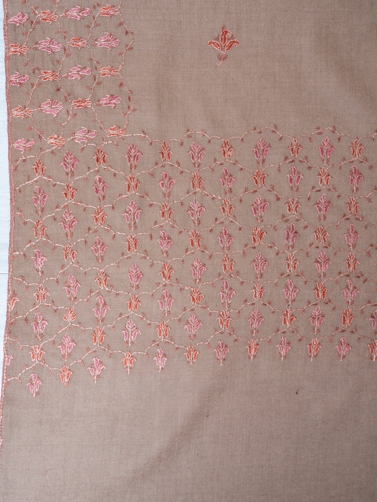 Rosewood Beige Merino Wool Shawl with Coral Sozni Hand Embroidered Floral Vines