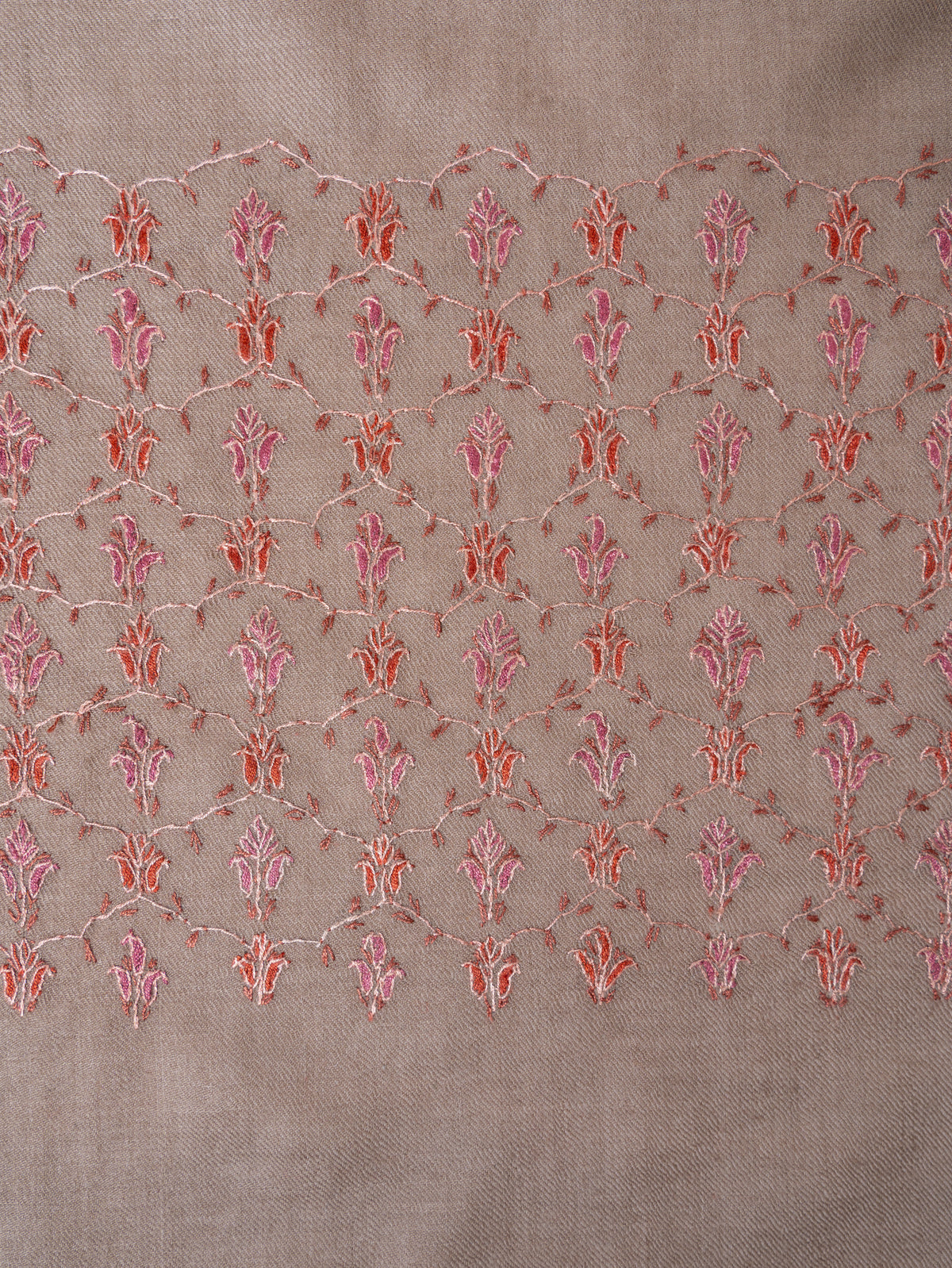 Rosewood Beige Merino Wool Shawl with Coral Sozni Hand Embroidered Floral Vines