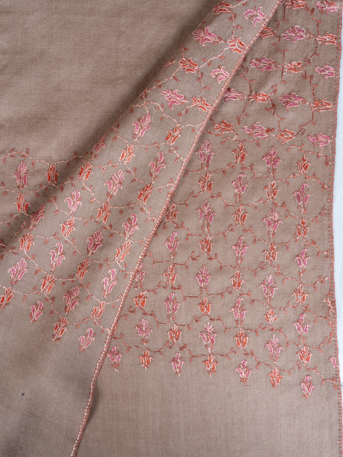 Rosewood Beige Merino Wool Shawl with Coral Sozni Hand Embroidered Floral Vines