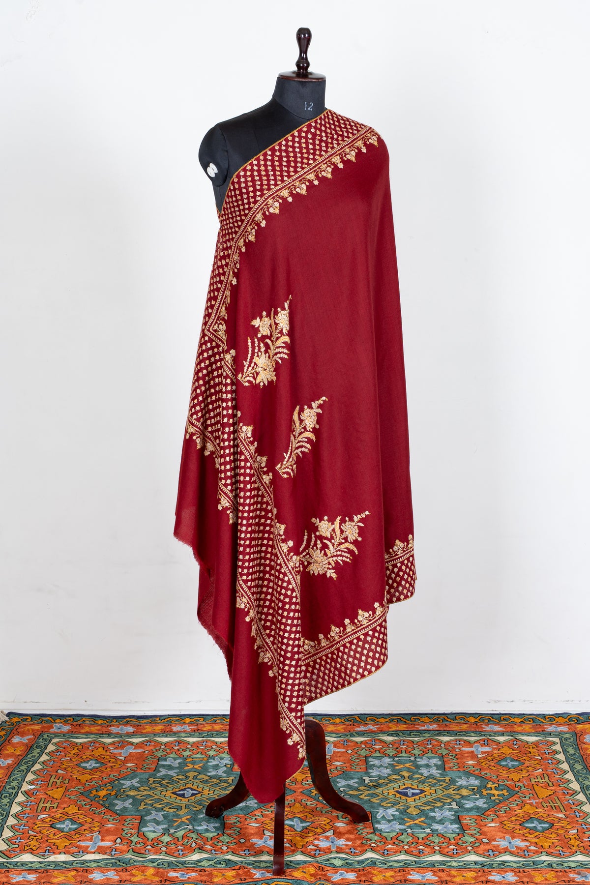 Imperial Crimson Merino Wool Shawl with Golden Sozni Hand Embroidered Floral Jaal Border