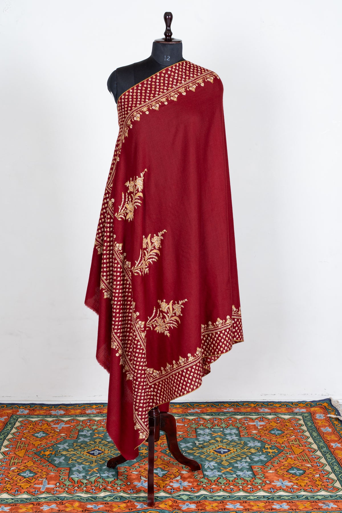 Imperial Crimson Merino Wool Shawl with Golden Sozni Hand Embroidered Floral Jaal Border