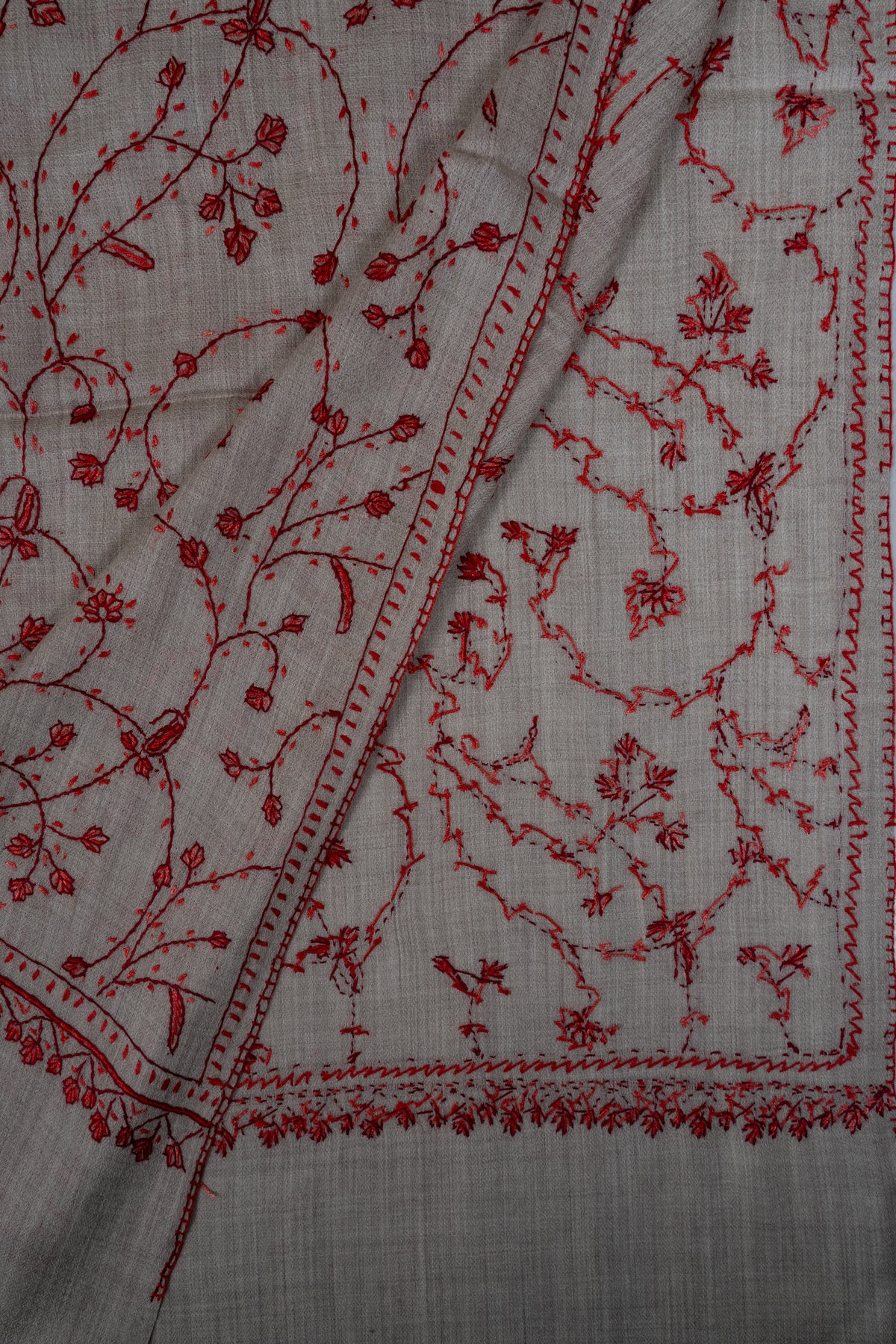 Crimson Frost Elegance: Merino wool 2.5 Yards Sozni Hand Embroidered Shawl