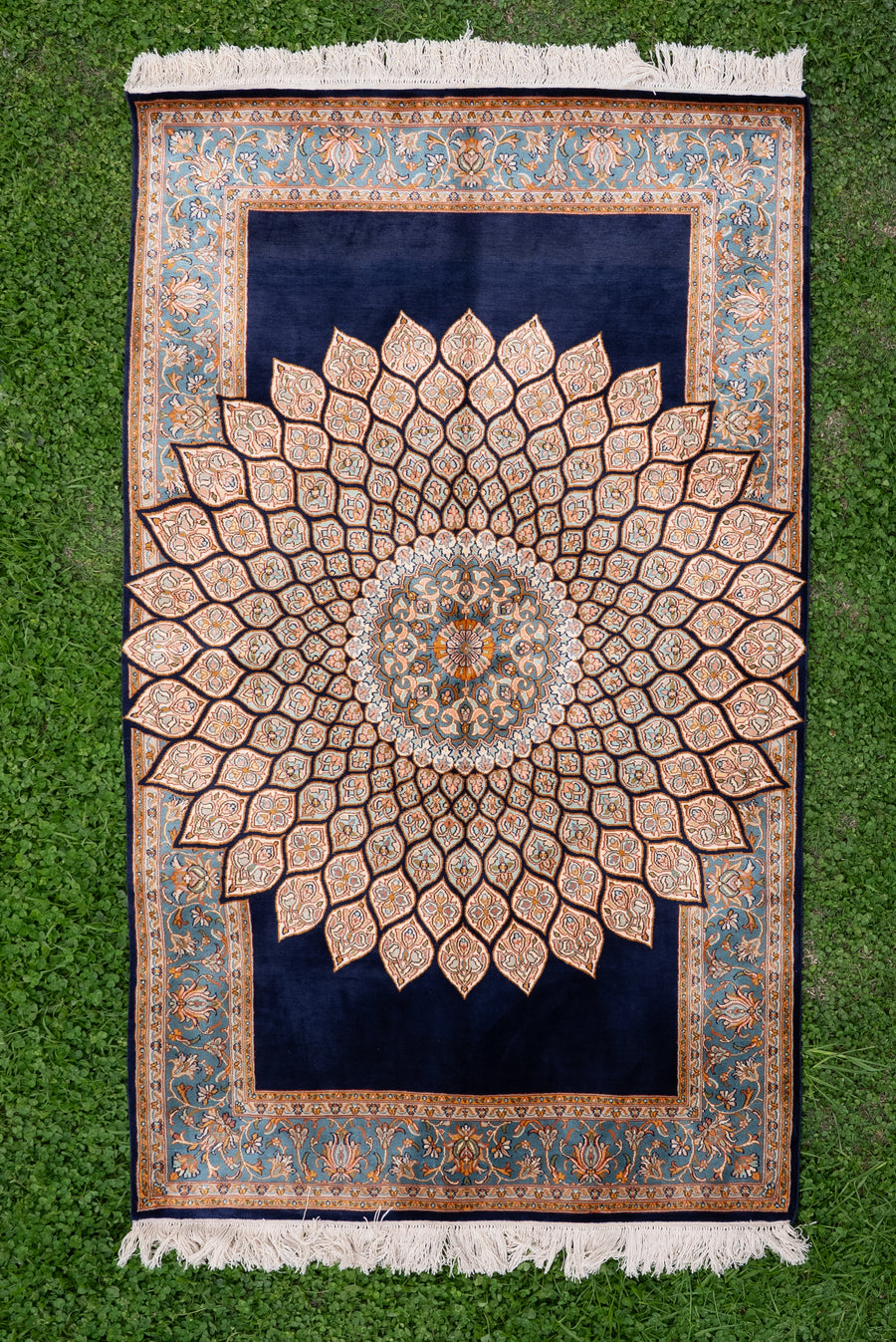 5ft x 3ft Sapphire Bloom Radiance: Hand Knotted Mulberry silk on silk Kashmiri Carpet