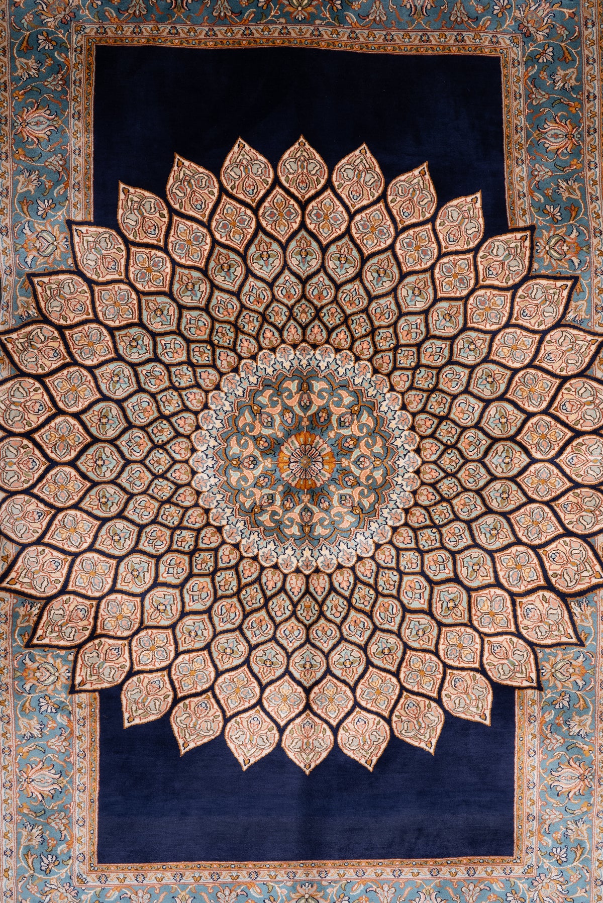 5ft x 3ft Sapphire Bloom Radiance: Hand Knotted Mulberry silk on silk Kashmiri Carpet