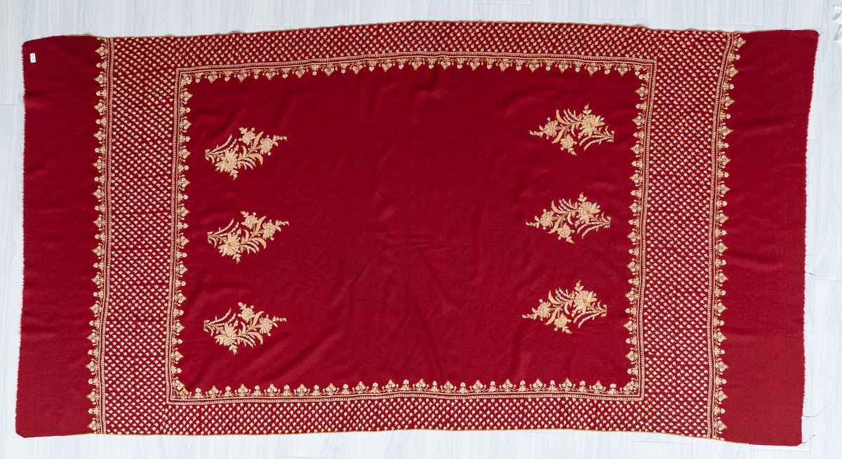 Imperial Crimson Merino Wool Shawl with Golden Sozni Hand Embroidered Floral Jaal Border