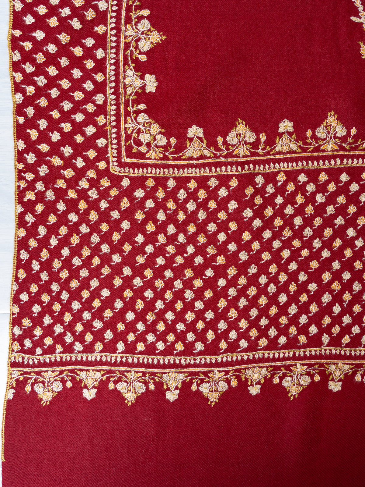 Imperial Crimson Merino Wool Shawl with Golden Sozni Hand Embroidered Floral Jaal Border