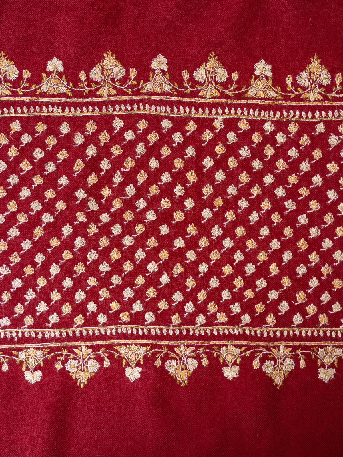 Imperial Crimson Merino Wool Shawl with Golden Sozni Hand Embroidered Floral Jaal Border
