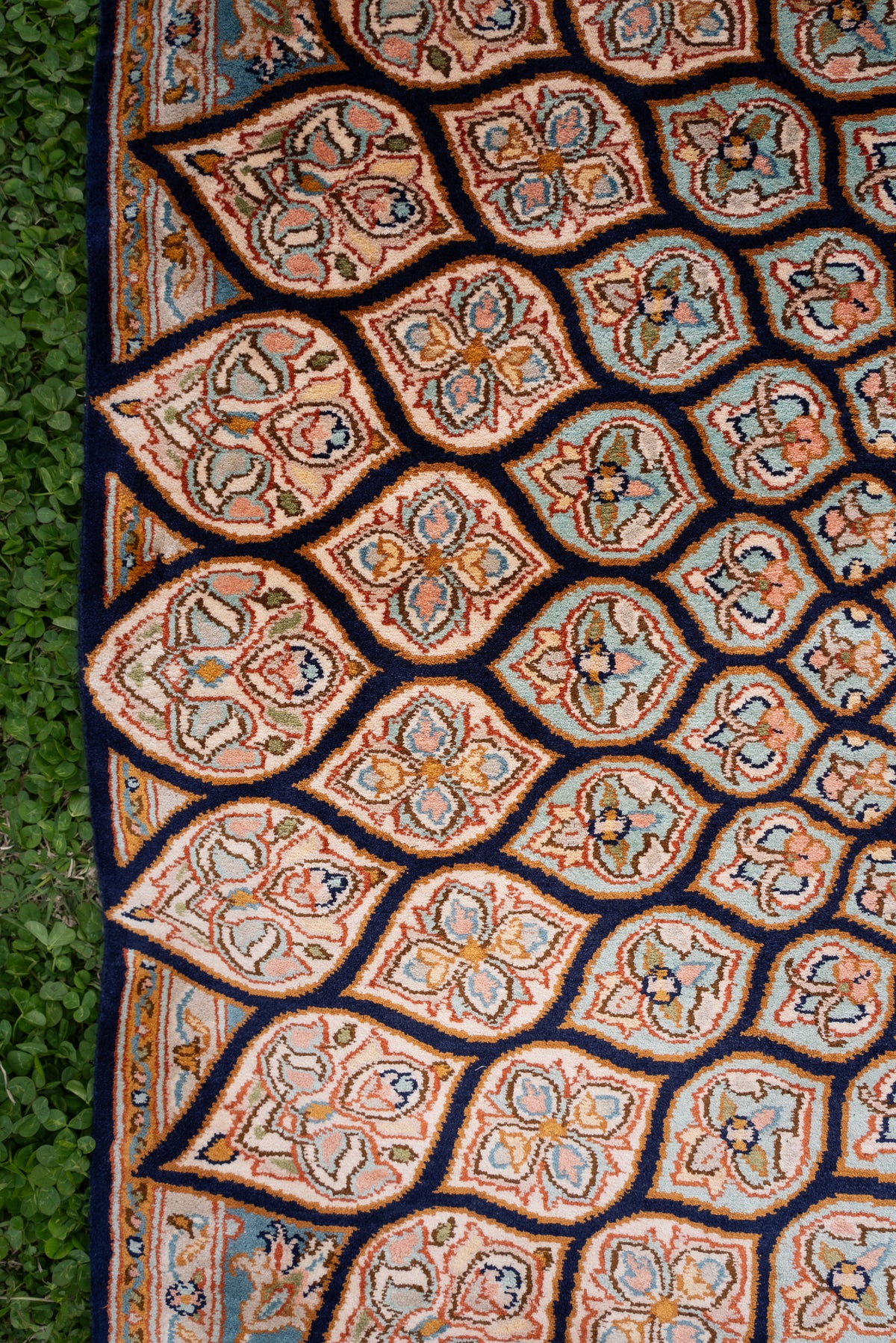 5ft x 3ft Sapphire Bloom Radiance: Hand Knotted Mulberry silk on silk Kashmiri Carpet