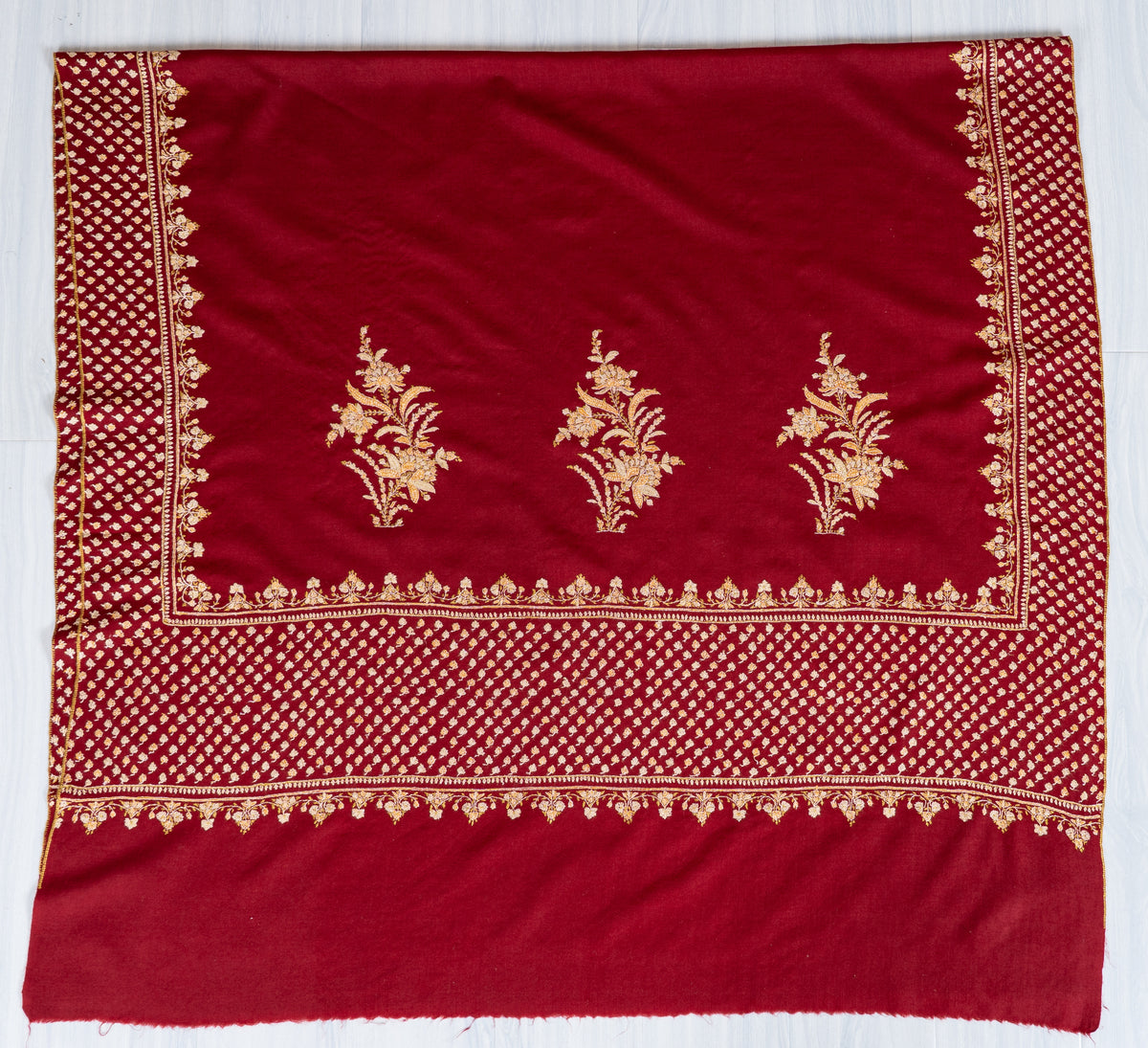 Imperial Crimson Merino Wool Shawl with Golden Sozni Hand Embroidered Floral Jaal Border