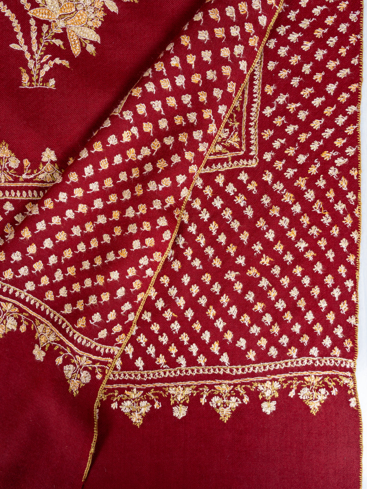 Imperial Crimson Merino Wool Shawl with Golden Sozni Hand Embroidered Floral Jaal Border