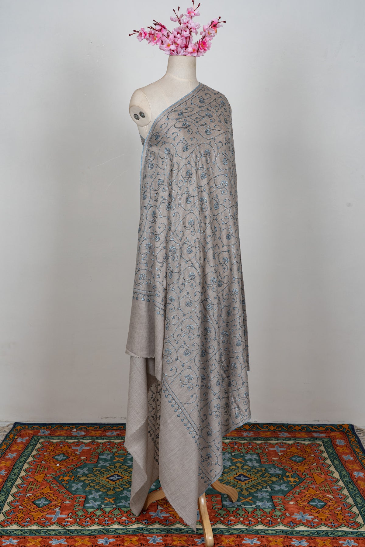 Silver Vine Classic: Merino wool 2.5 Yards Sozni Hand Embroidered Shawl