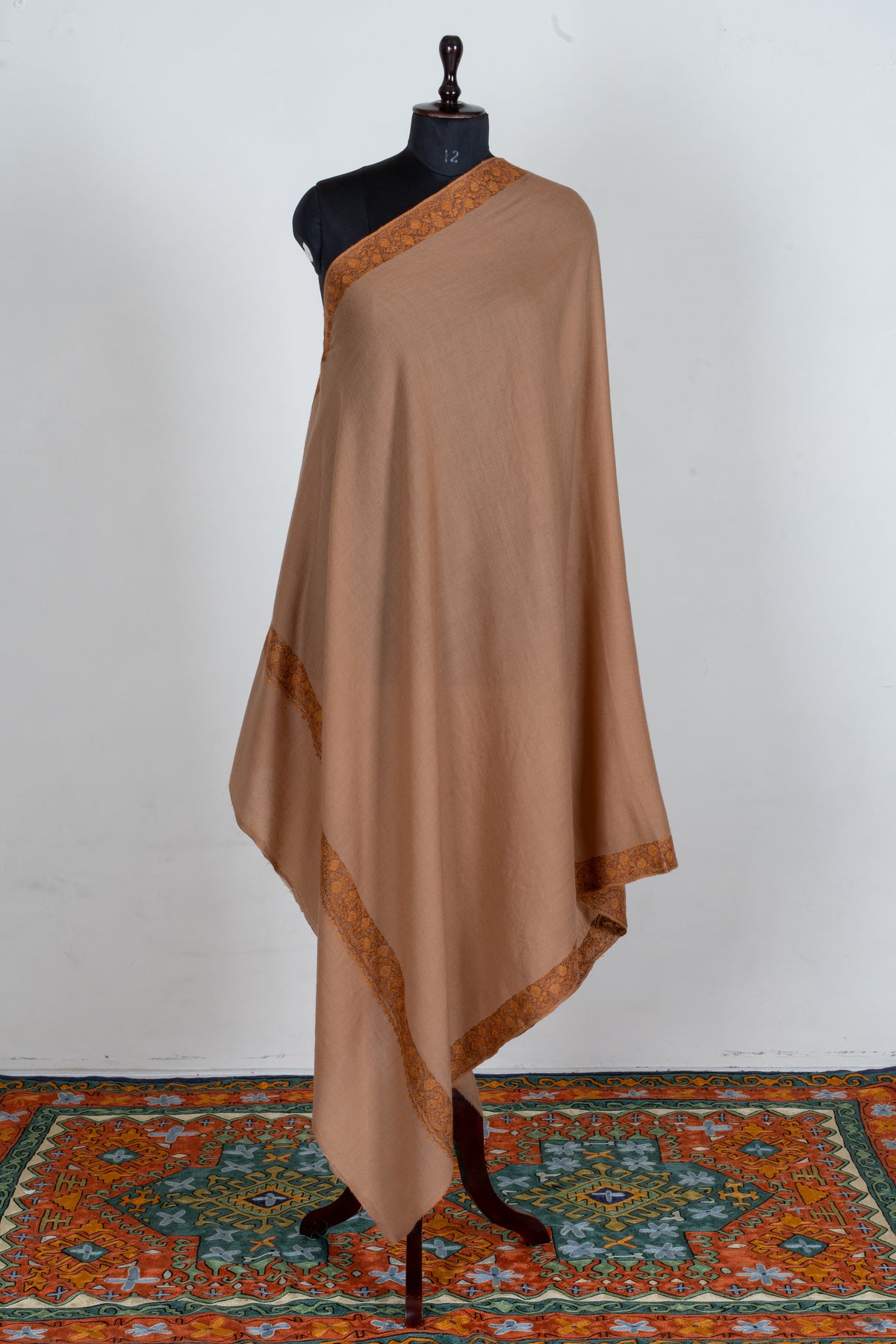 Warm Sand Merino Wool Shawl with Antique Gold Sozni Hand Embroidered Borders