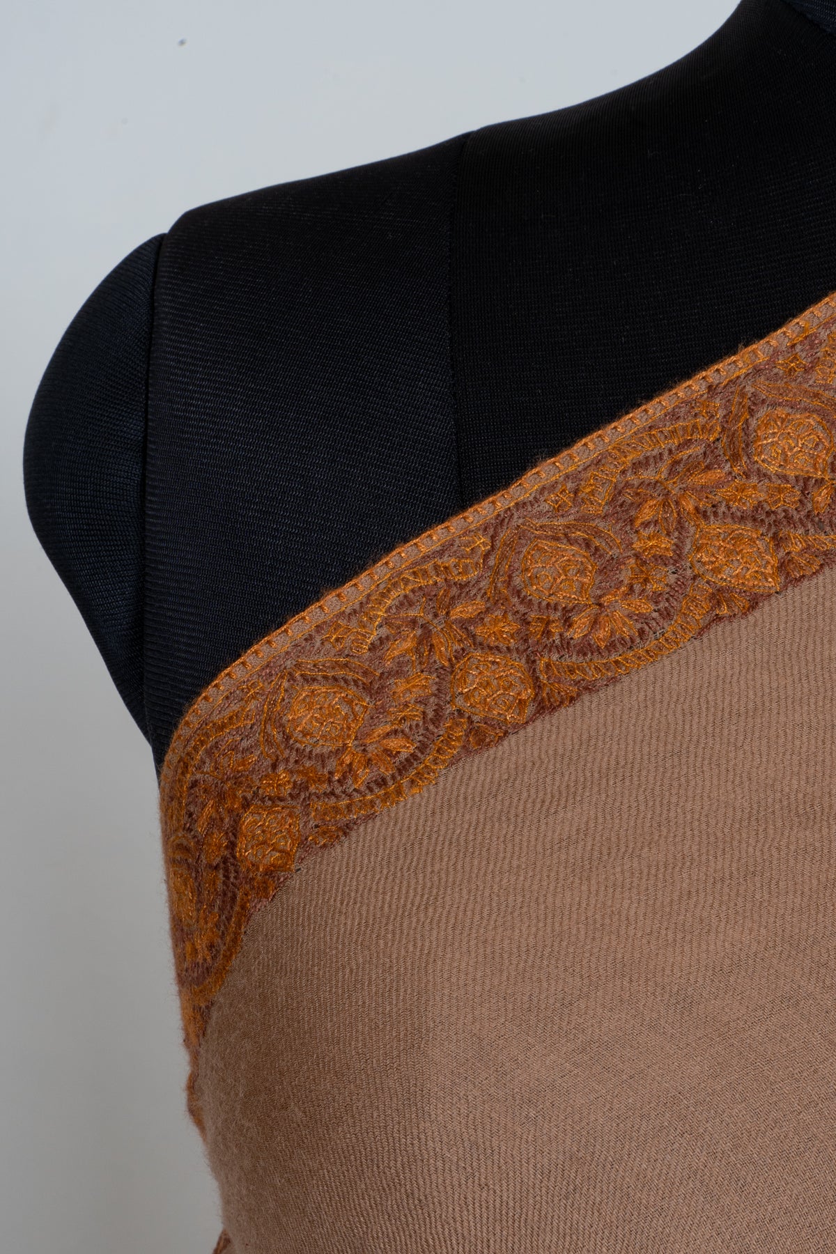 Warm Sand Merino Wool Shawl with Antique Gold Sozni Hand Embroidered Borders