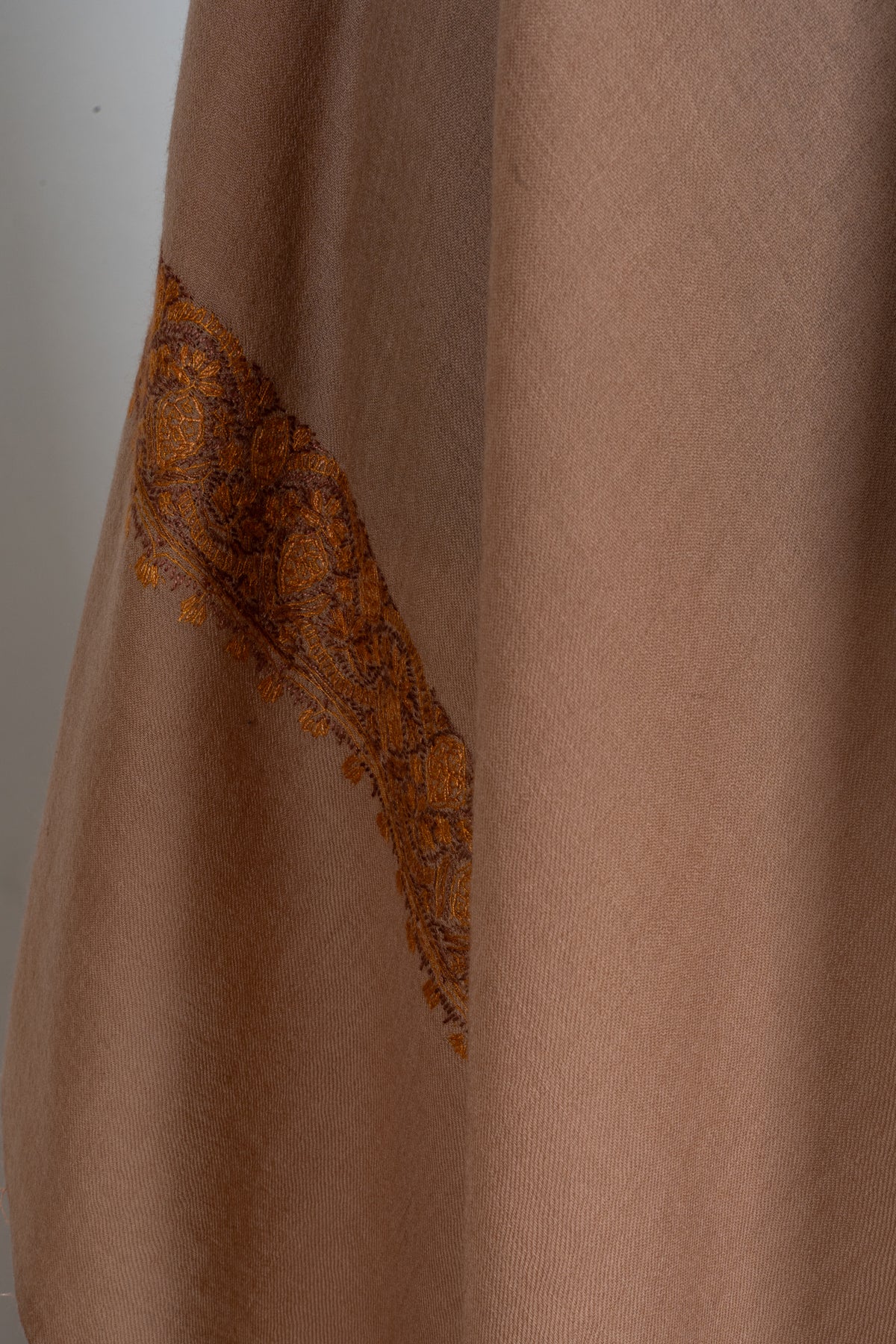 Warm Sand Merino Wool Shawl with Antique Gold Sozni Hand Embroidered Borders