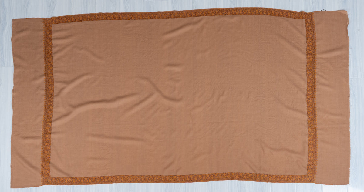 Warm Sand Merino Wool Shawl with Antique Gold Sozni Hand Embroidered Borders