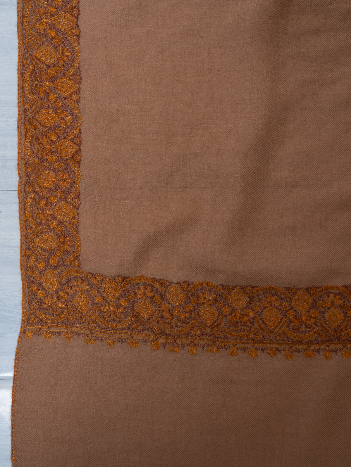 Warm Sand Merino Wool Shawl with Antique Gold Sozni Hand Embroidered Borders