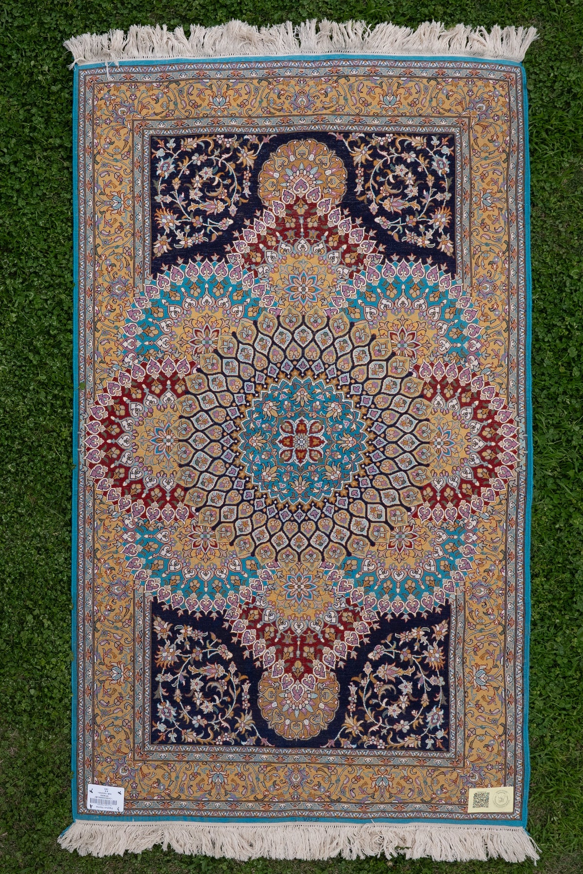 5ft x 3ft Regal Medallion Harmony: Hand Knotted Mulberry silk on silk Kashmiri Carpet