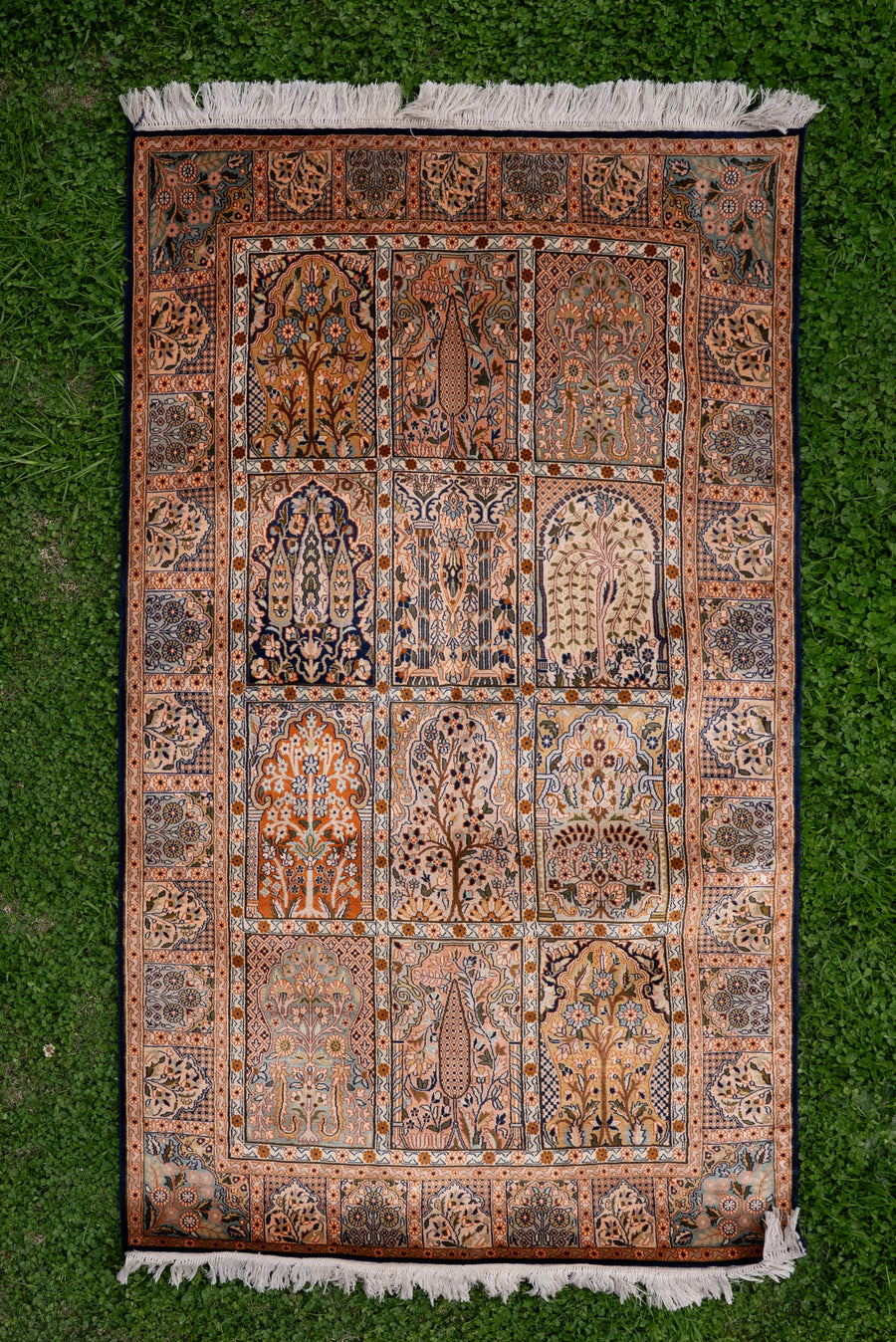 5ft x 3ft Classic Garden Panel Tapestry: Hand Knotted Mulberry silk on silk Kashmiri Carpet