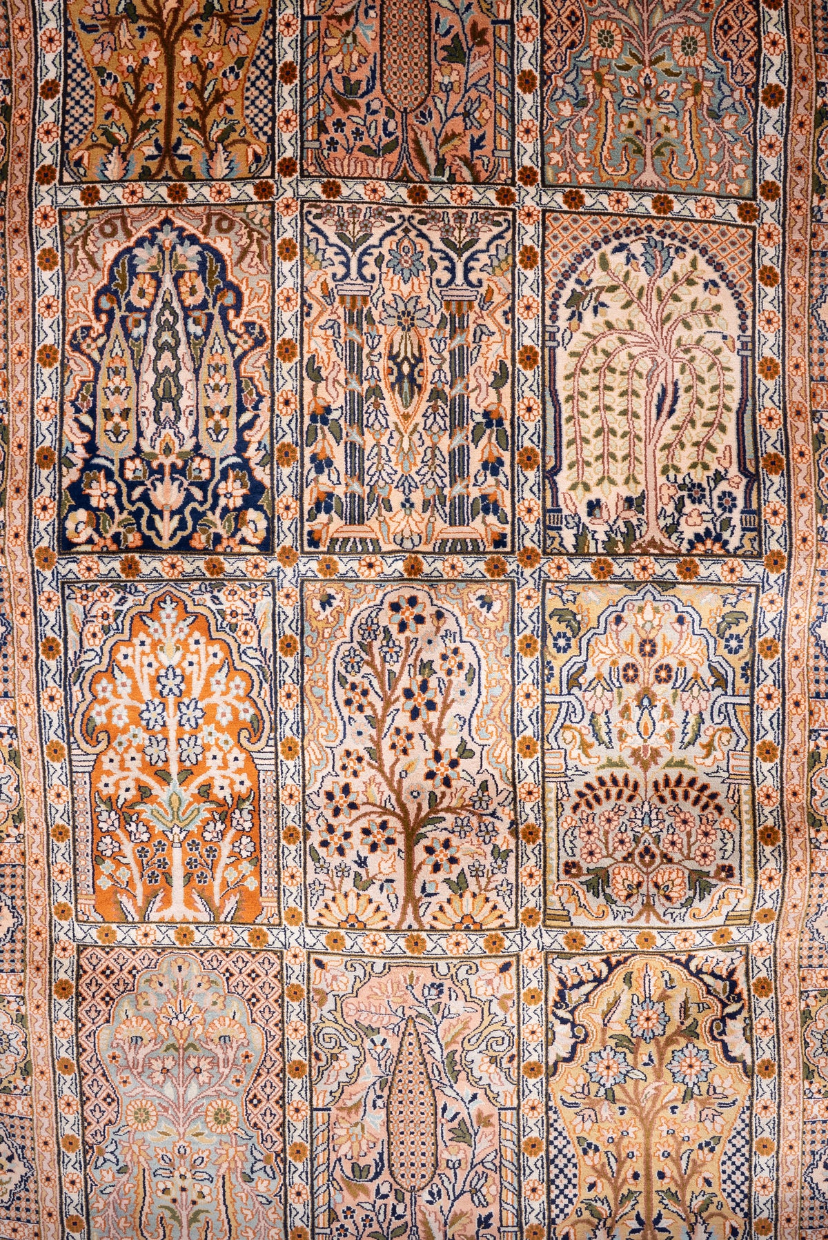 5ft x 3ft Classic Garden Panel Tapestry: Hand Knotted Mulberry silk on silk Kashmiri Carpet