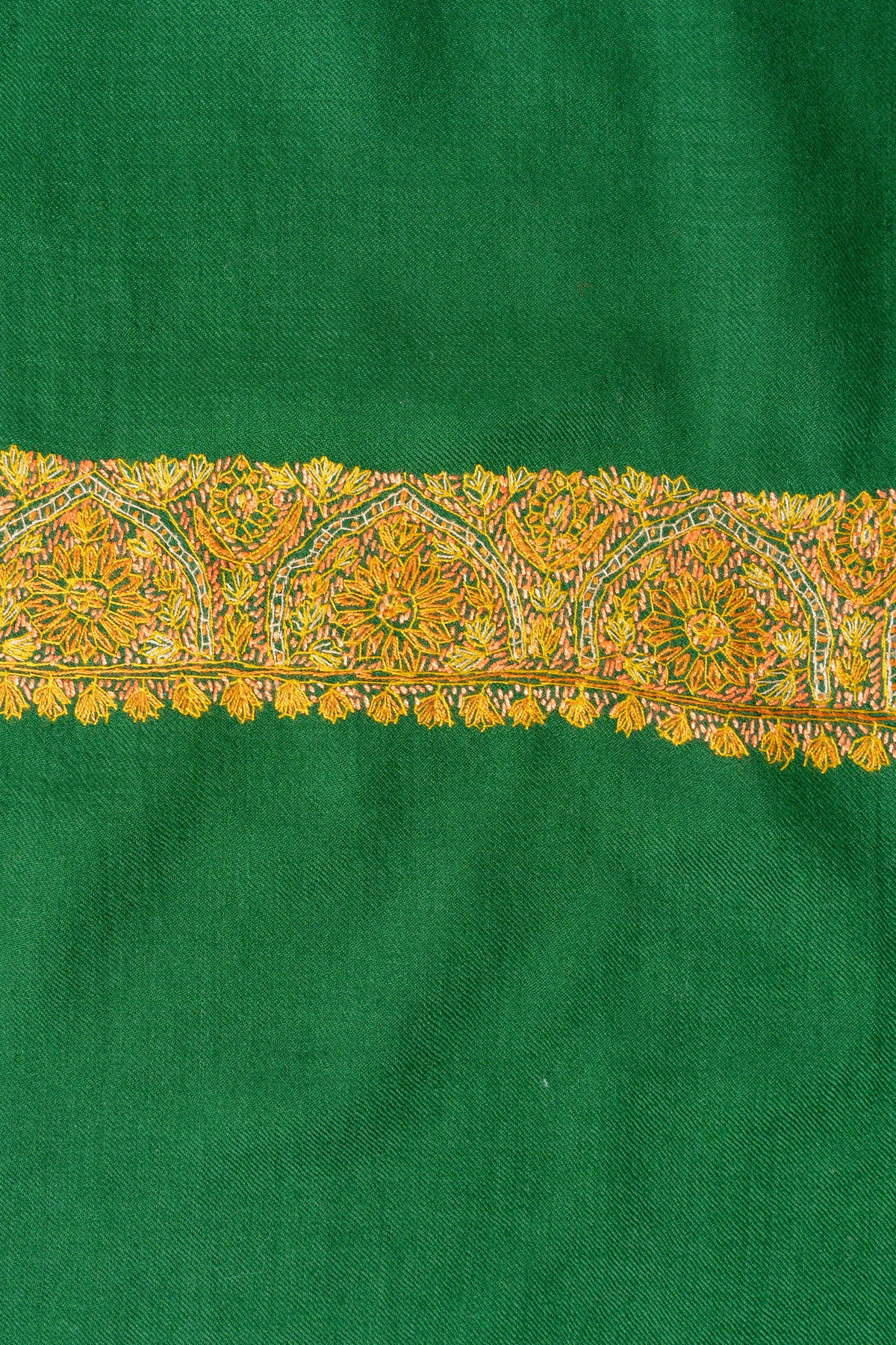 Emerald Radiance Merino Wool Shawl with Golden Sozni Hand Embroidered Ornamental Borders
