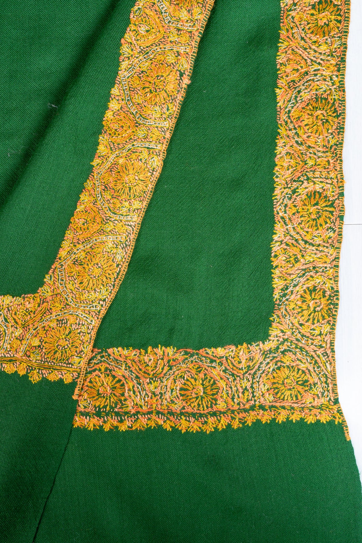 Emerald Radiance Merino Wool Shawl with Golden Sozni Hand Embroidered Ornamental Borders