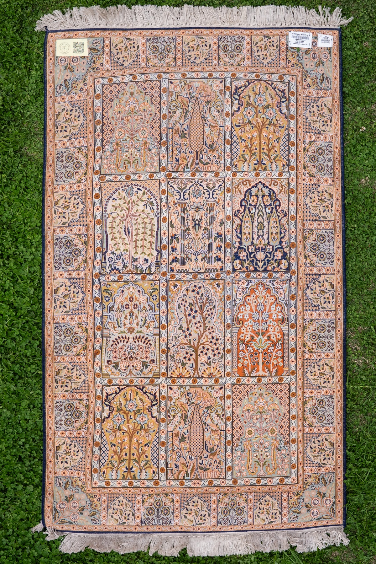 5ft x 3ft Classic Garden Panel Tapestry: Hand Knotted Mulberry silk on silk Kashmiri Carpet