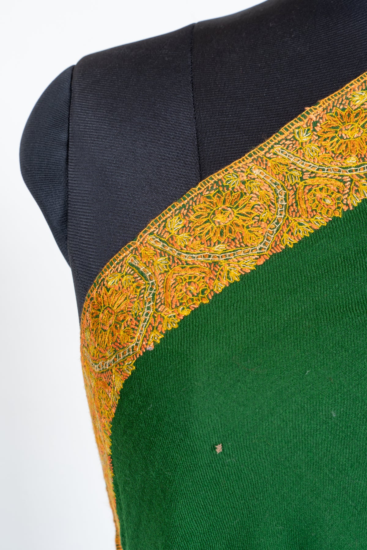 Emerald Radiance Merino Wool Shawl with Golden Sozni Hand Embroidered Ornamental Borders