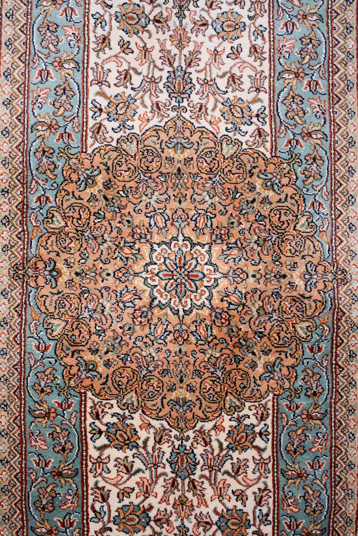 5ft x 3ft Celestial Aqua Medallion: Hand Knotted Mulberry silk on silk Kashmiri Carpet