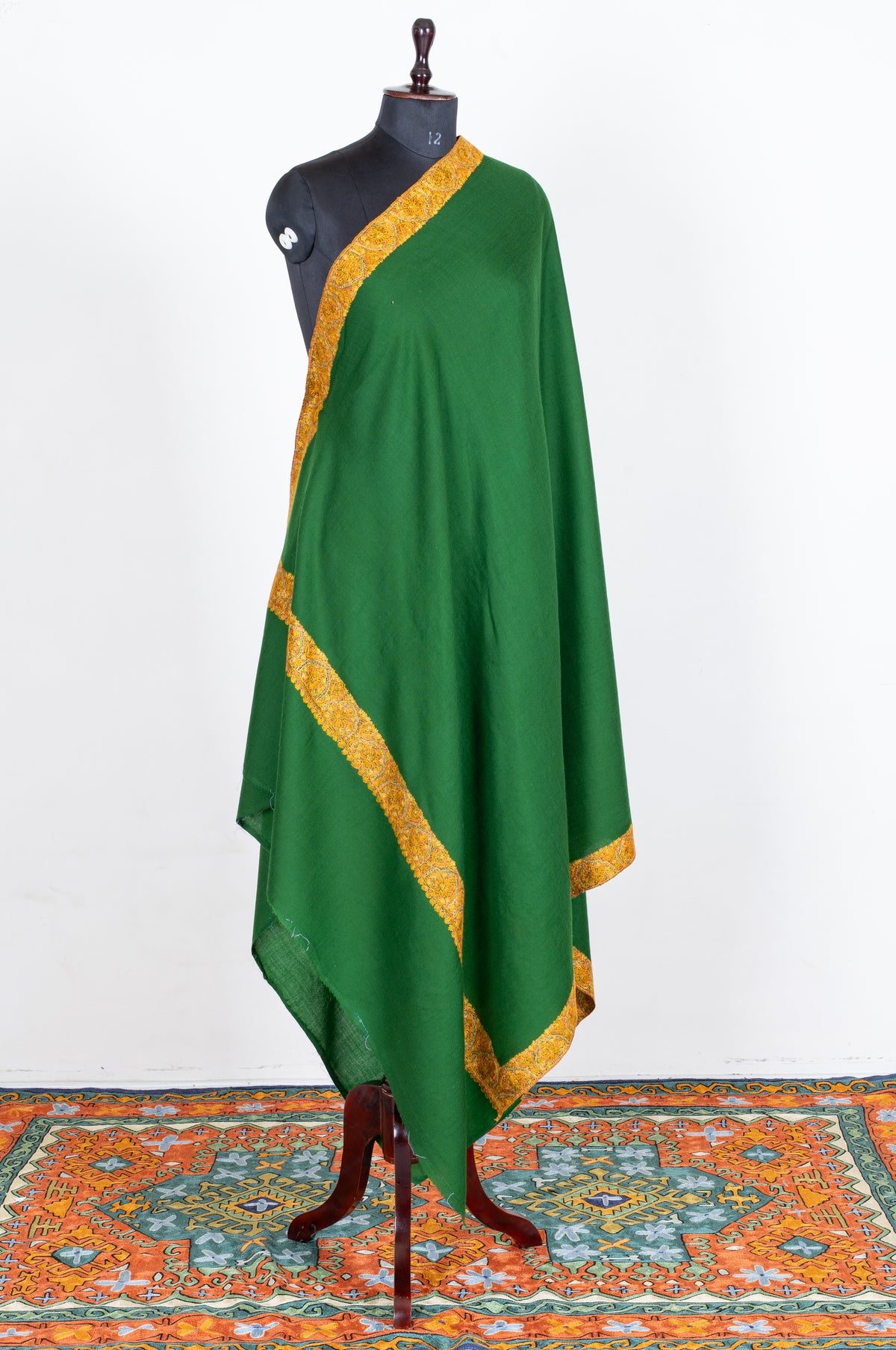 Emerald Radiance Merino Wool Shawl with Golden Sozni Hand Embroidered Ornamental Borders