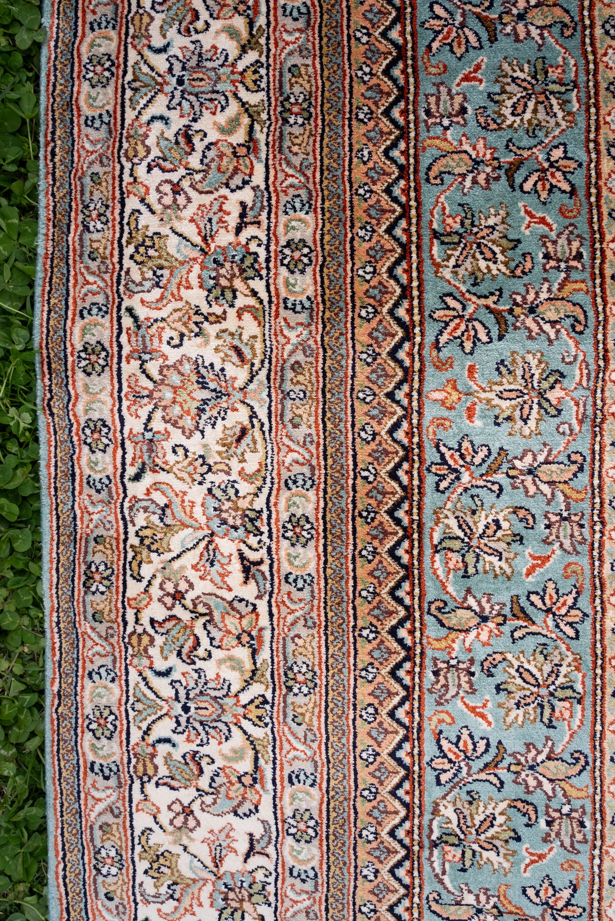 5ft x 3ft Celestial Aqua Medallion: Hand Knotted Mulberry silk on silk Kashmiri Carpet