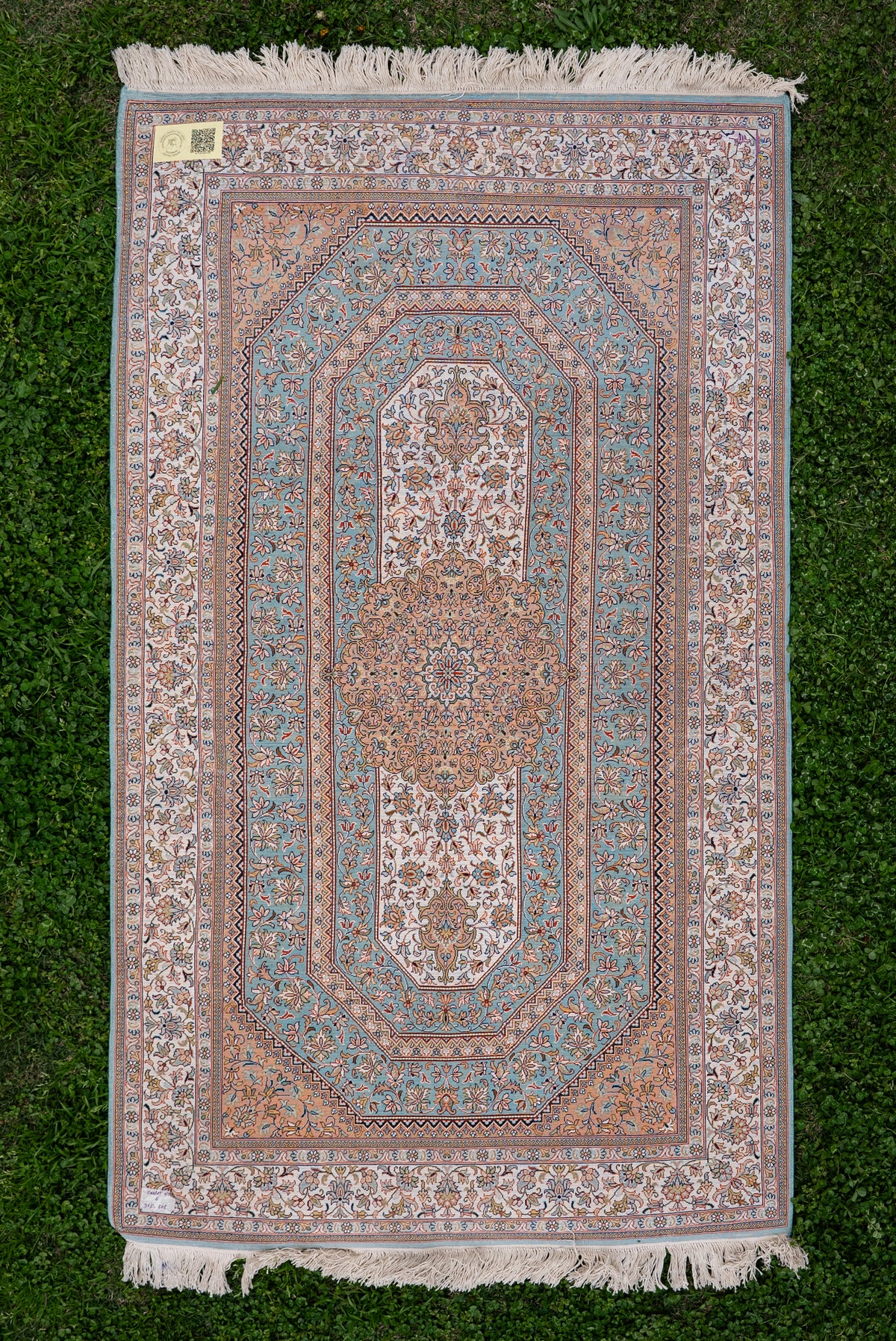 5ft x 3ft Celestial Aqua Medallion: Hand Knotted Mulberry silk on silk Kashmiri Carpet