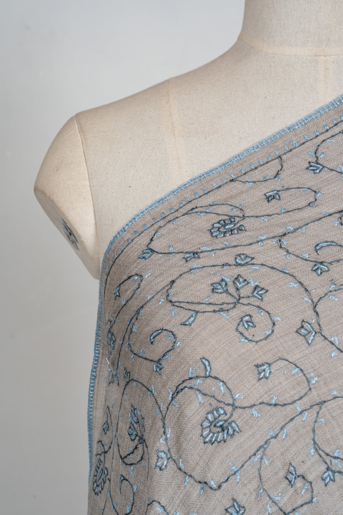 Silver Vine Classic: Merino wool 2.5 Yards Sozni Hand Embroidered Shawl