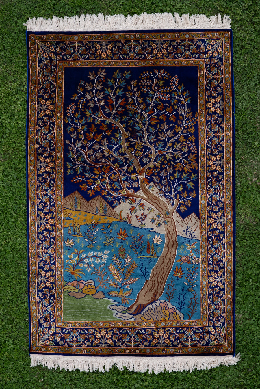 2.5ft x 4ft Enchanted Tree of Life: Hand Knotted Mulberry silk on silk Kashmiri Carpet