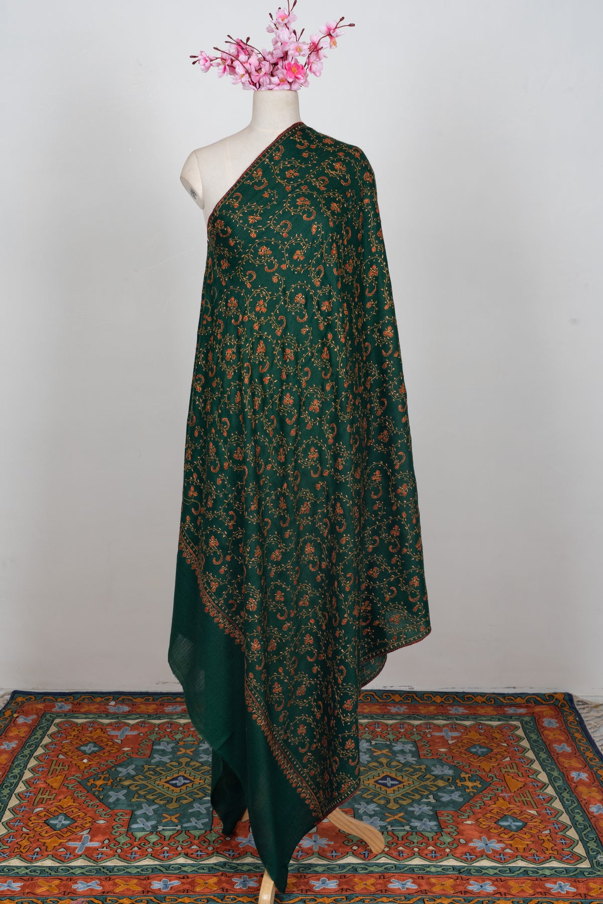 Emerald Heritage Bloom: Merino wool 2.5 Yards Sozni Hand Embroidered Shawl