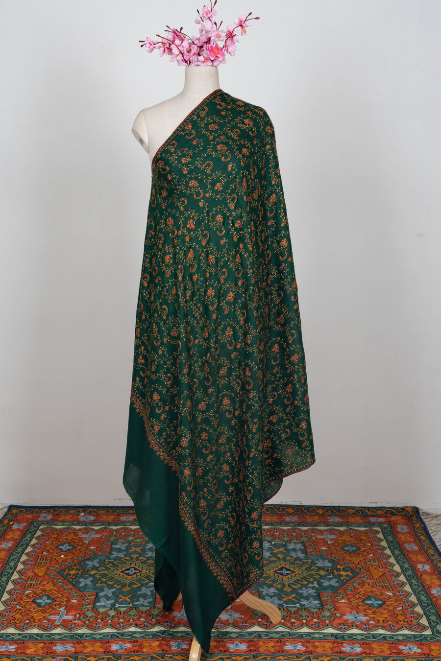 Emerald Heritage Bloom: Merino wool 2.5 Yards Sozni Hand Embroidered Shawl