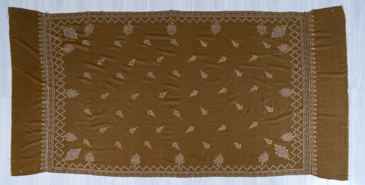 2.5 Yards Pure Pashmina Shawl with Sozni Hand Embroidered Delicate Floral Accents