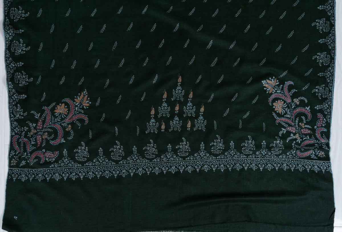 2.5 Yards Pure Pashmina Shawl with Sozni Hand Embroidered Botanical Whispers
