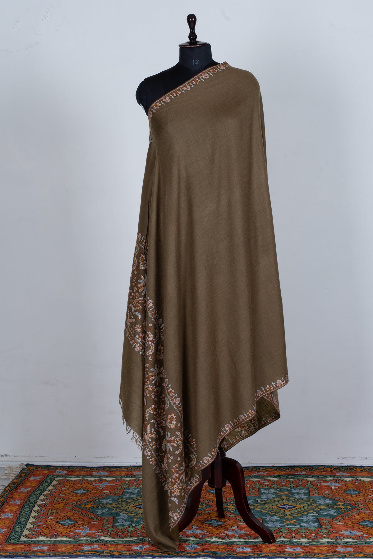 2.5 Yards Pure Pashmina Shawl with Sozni Hand Embroidered Floral Borders