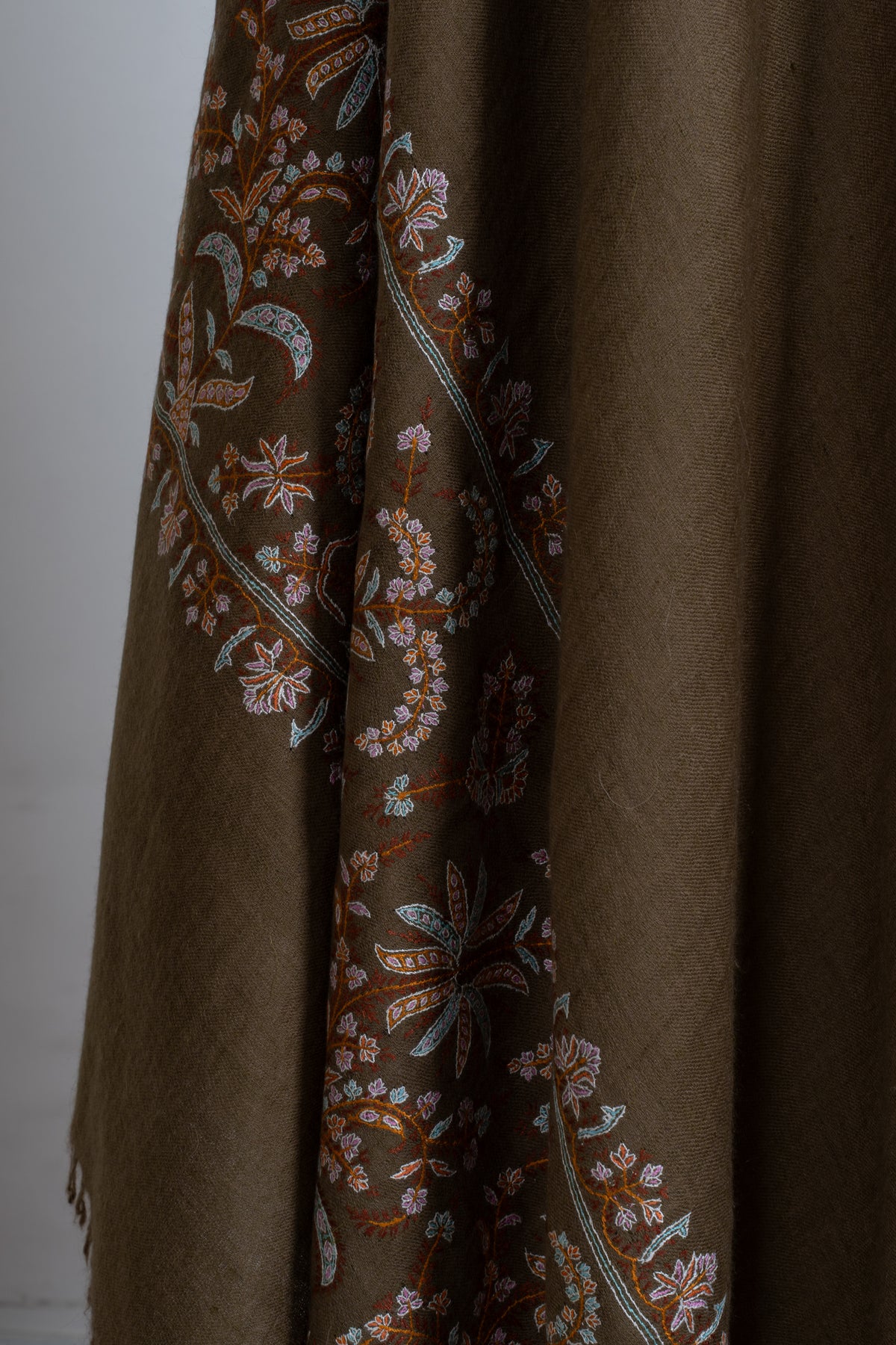 2.5 Yards Pure Pashmina Shawl with Sozni Hand Embroidered Floral Borders